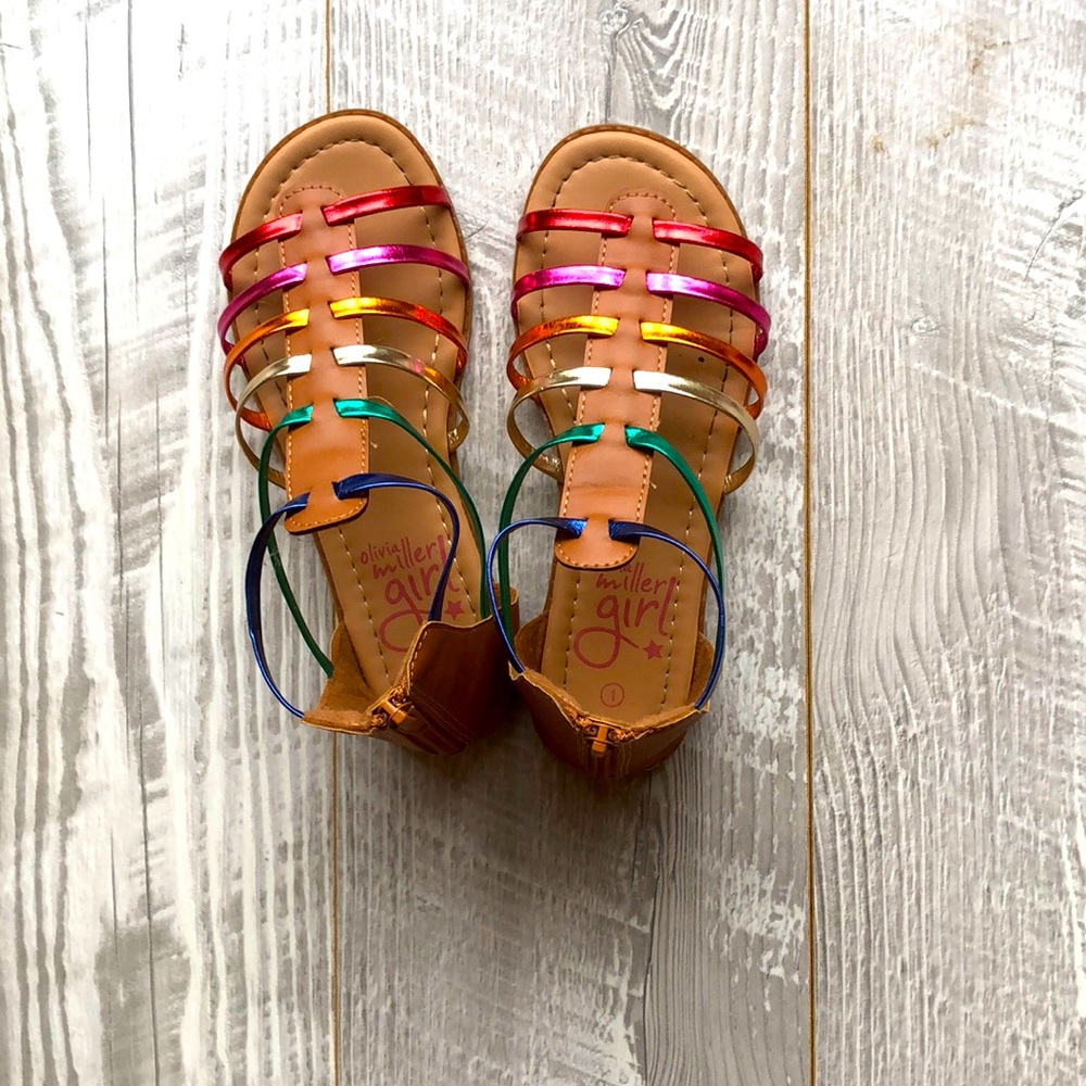Brown sandals with rainbow Metallic straps with zipper on back